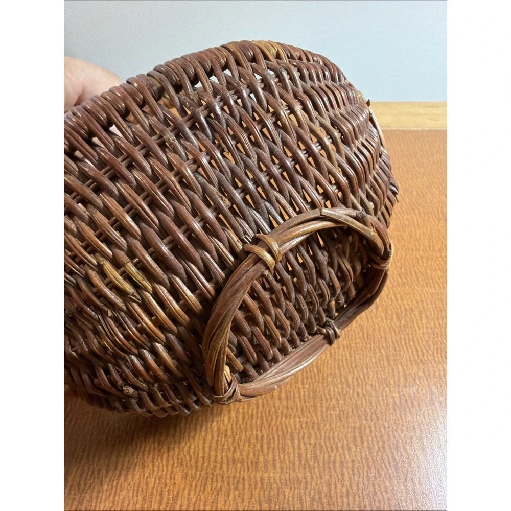 Vtg Woven Wooden Gathering Basket Arched Handle 7